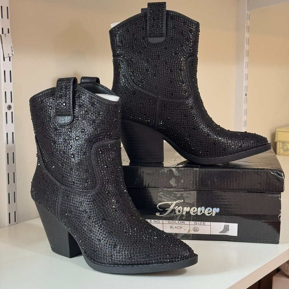 New Women Black Blingy Rhinestone Western Cowboy Boots Ankle Booties Size 6.5